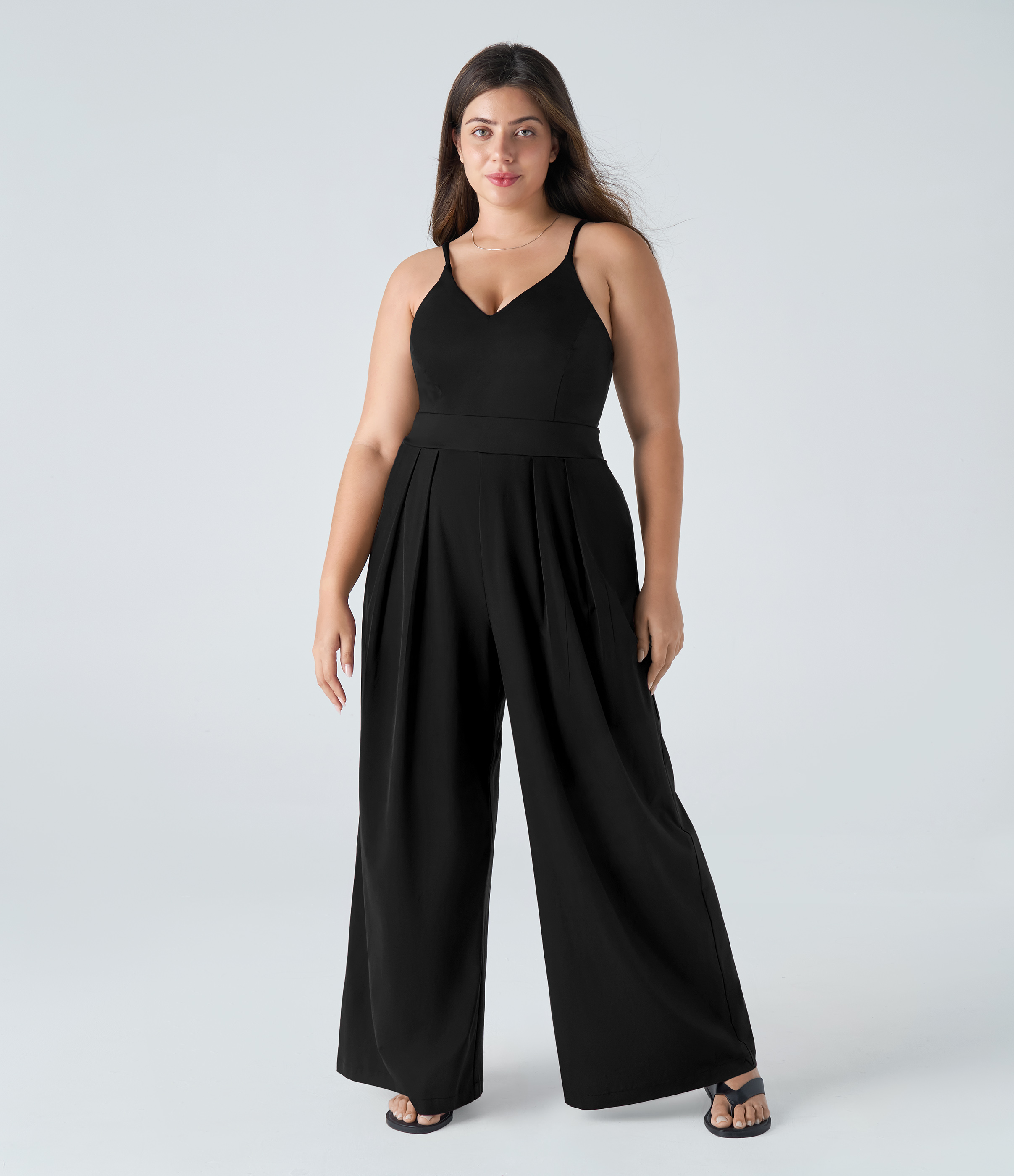 Breezeful™ Pocket Wide Leg Quick Dry Slip Plus Size Jumpsuit  - Black
