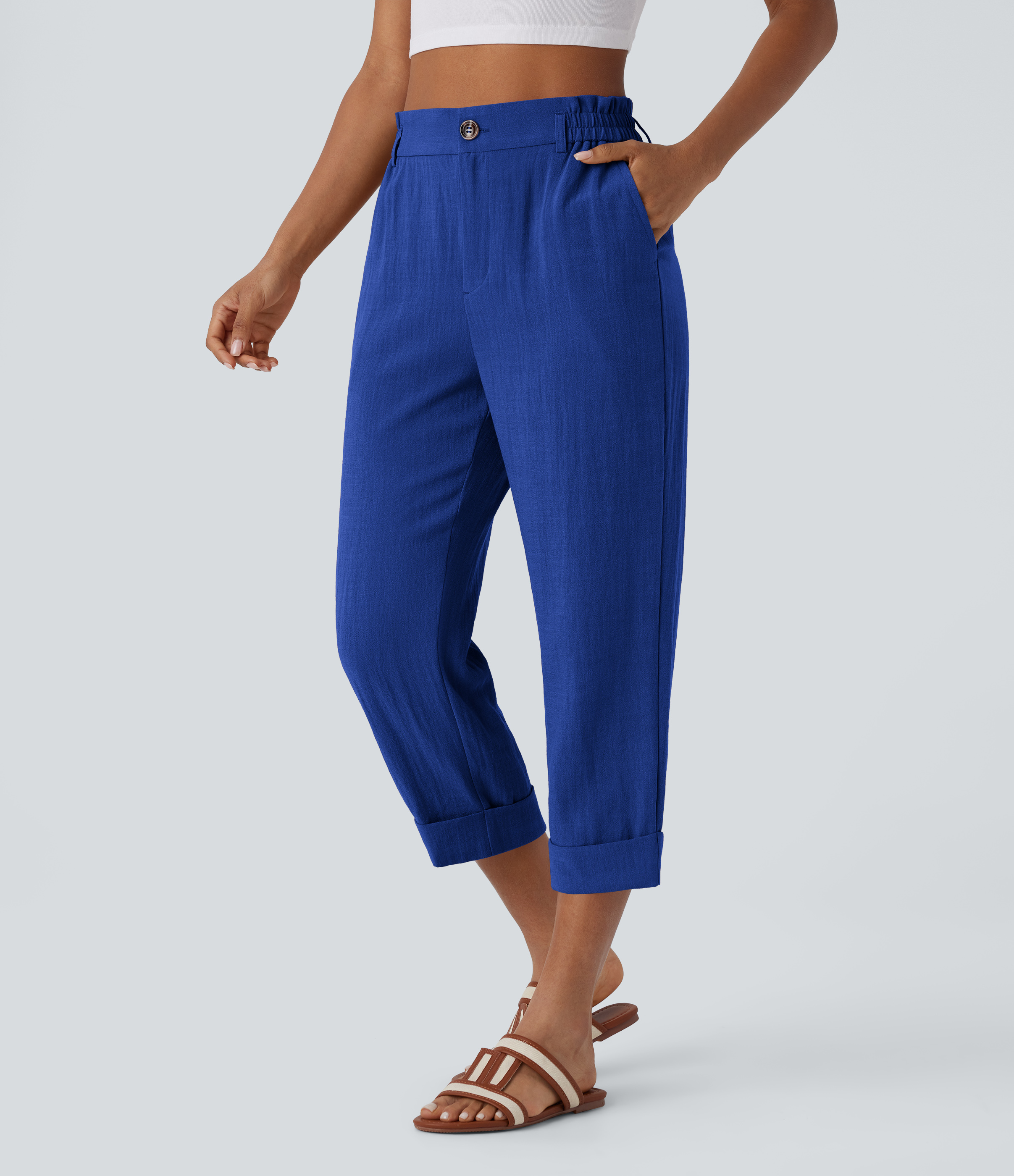 Halara High Waisted Zipper Pocket Cropped Linen-Feel Trousers - Surf the Web - XSregular