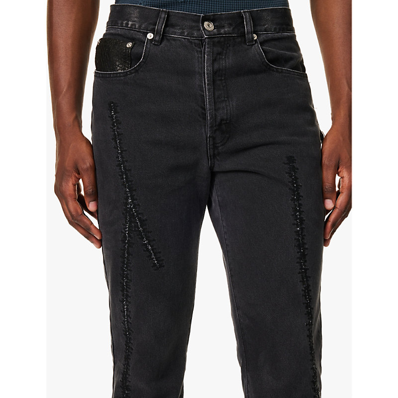 Mens Washed Black Yorke Flared-cuffs Straight-leg Regular-fit Denim Jeans