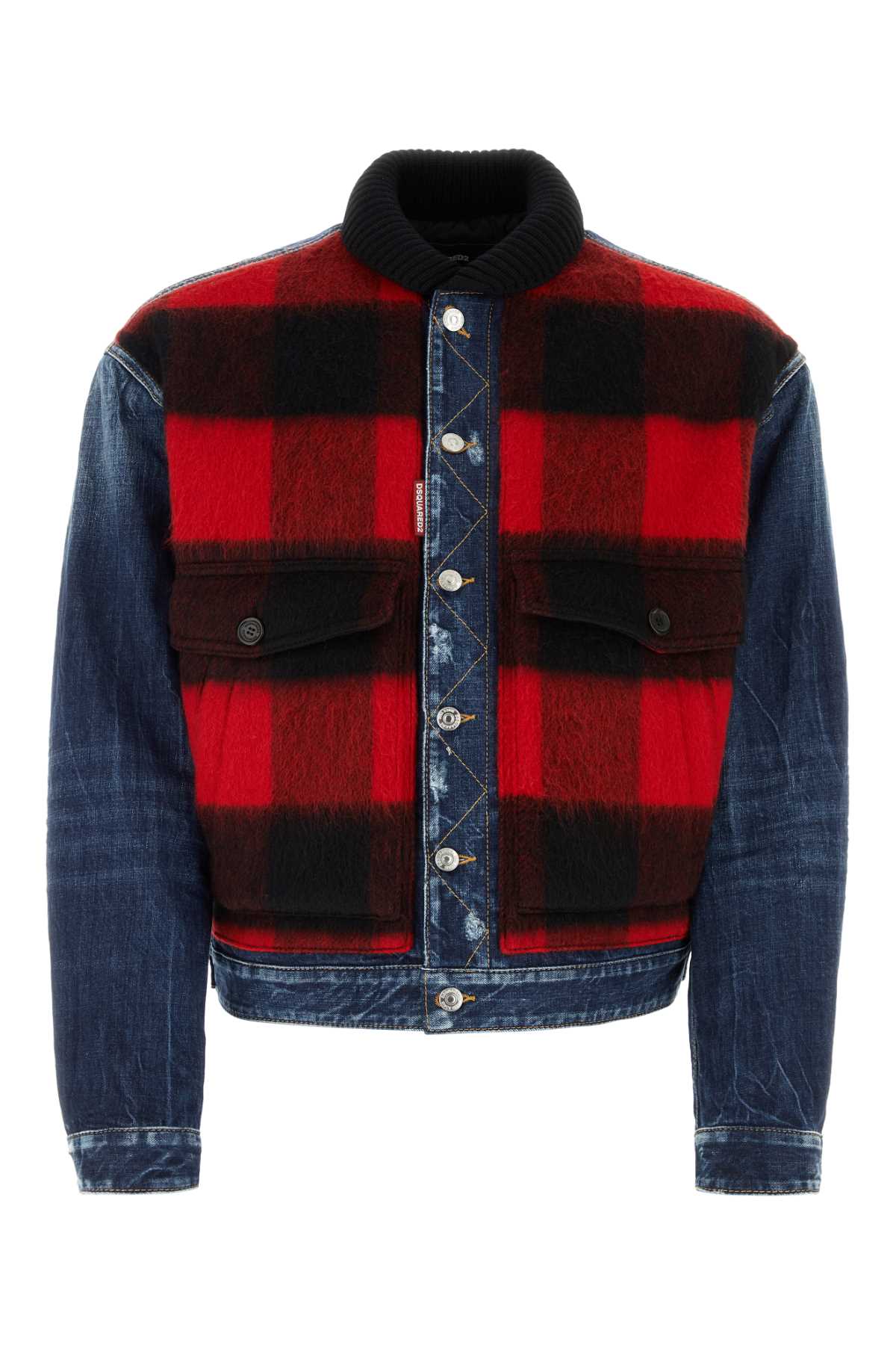 Check-print denim jacket - Blue