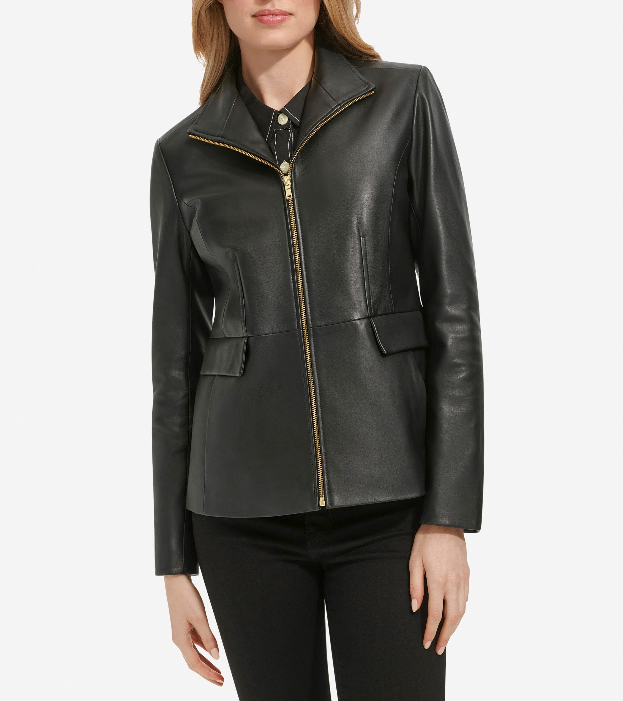 Women's Wing Collar Zip Up Leather Jacket - Black