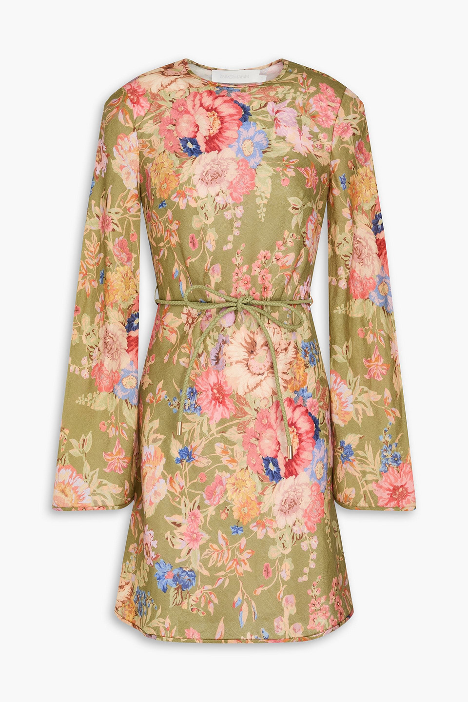 Belted floral-print linen mini dress