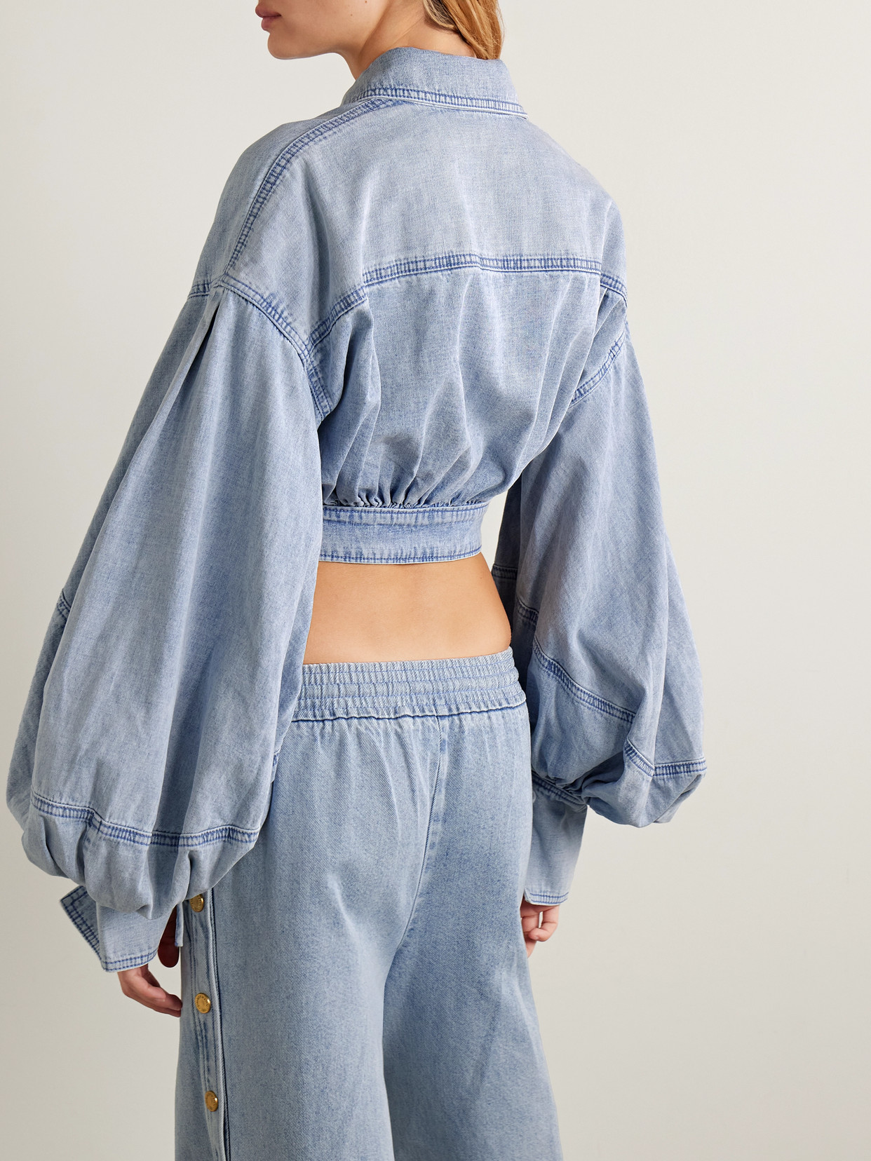 Cropped Wrap-effect Denim Top - Blue