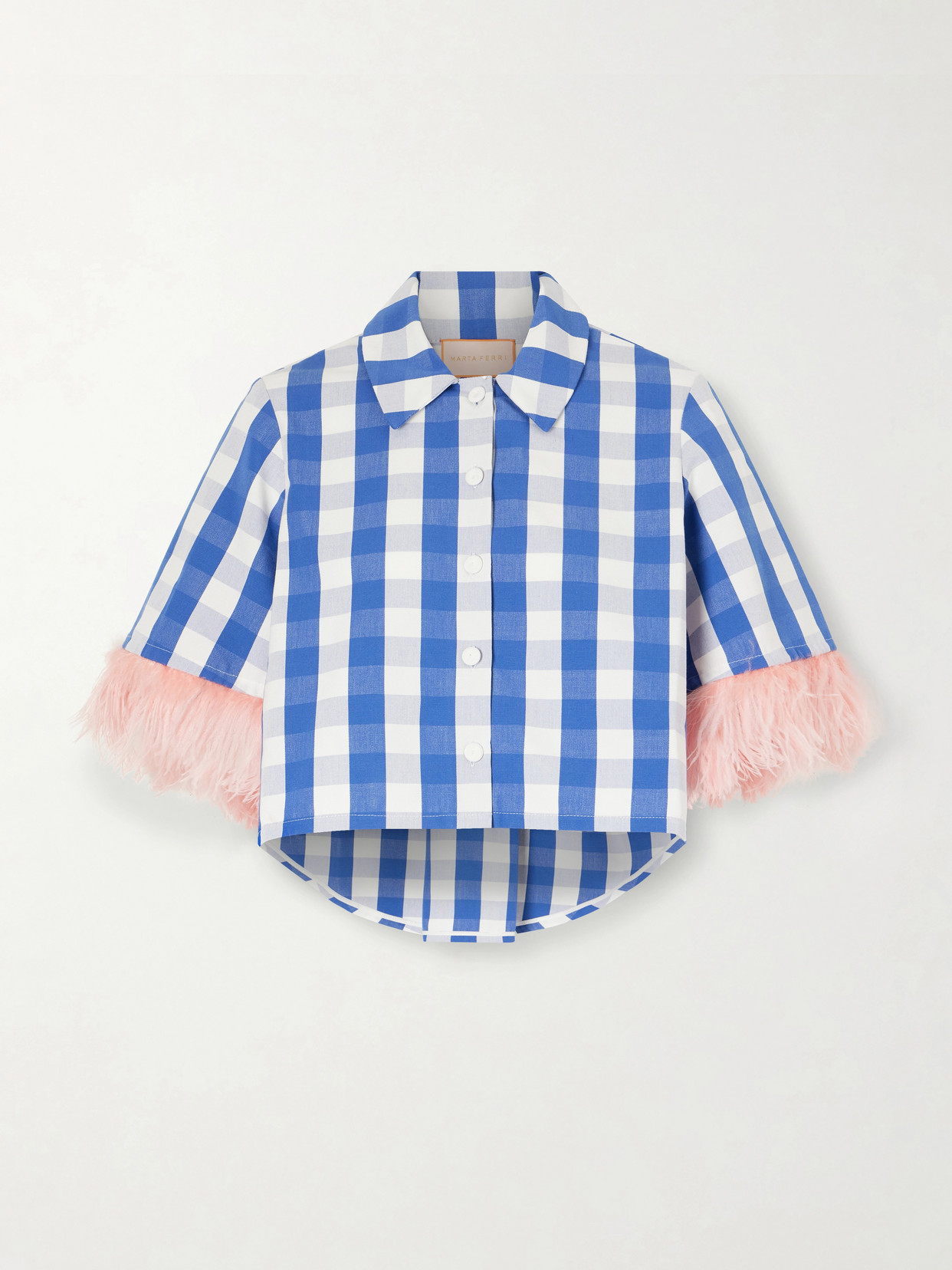 Picnic Cropped Checked Feather-trimmed Cotton-blend Blouse