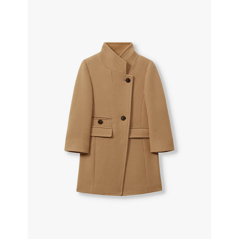 Girls Camel Kids Double-breasted Funnel-neck Wool-blend Coat 