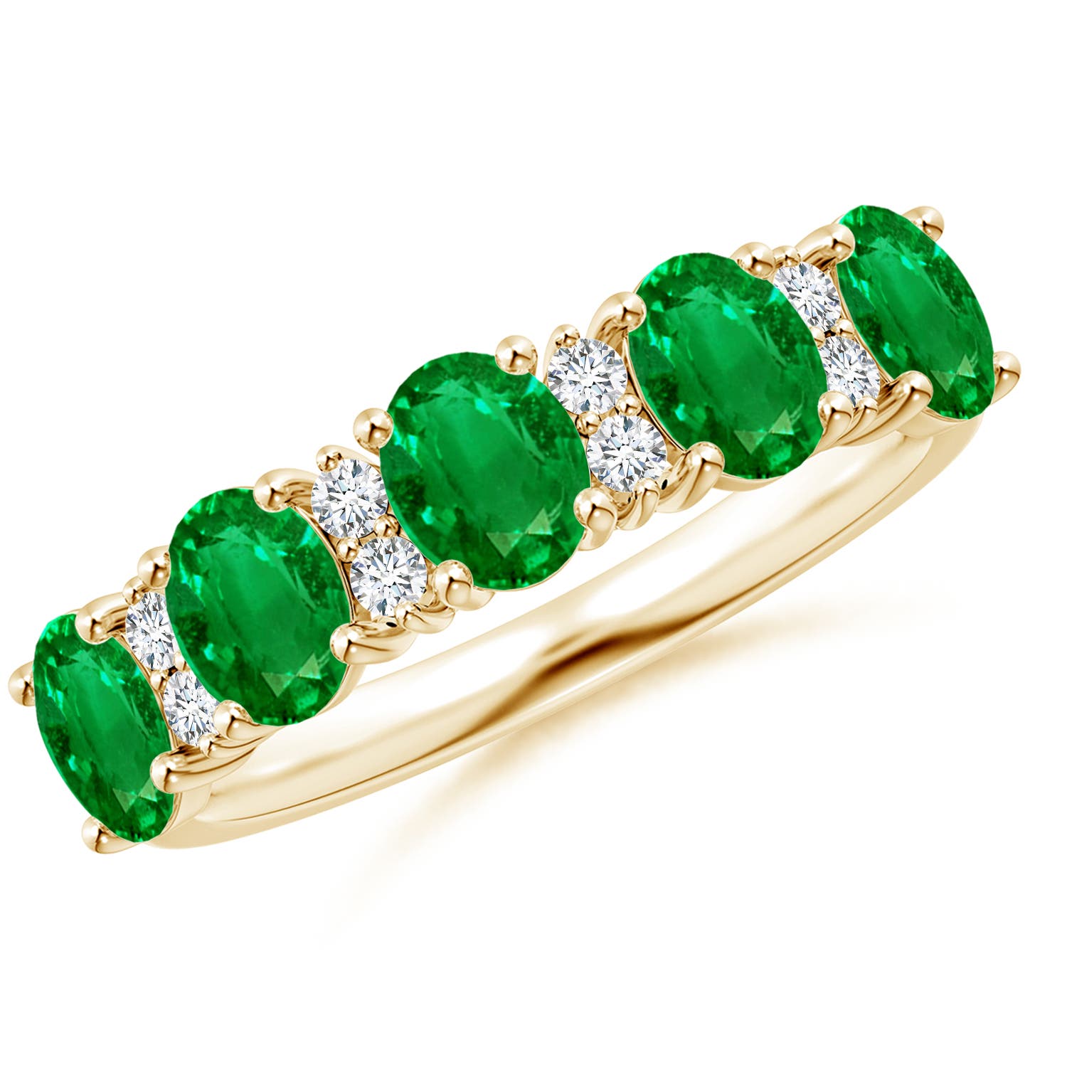 Angara 1.5 Carats Five Stone Emerald and Diamond Wedding Ring in 14K Yellow Gold