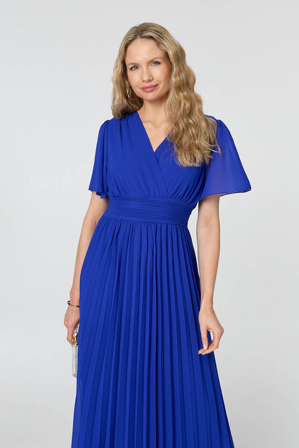 Izabel London Pleated Semi Sheer Layered Maxi Dress In Blue