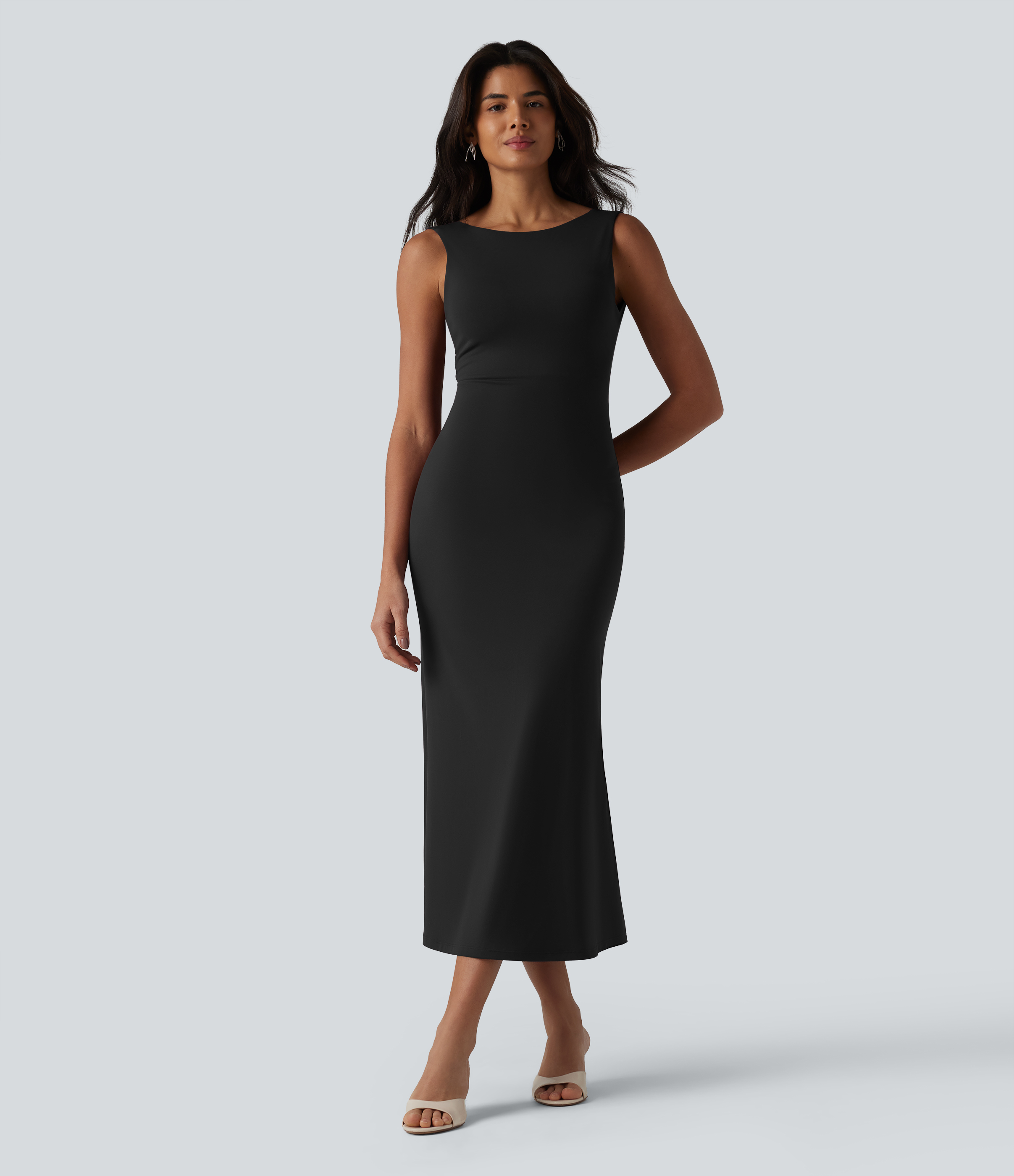 Halara Boat Neck Built-in Bra Sleeveless Midi Dress - Black