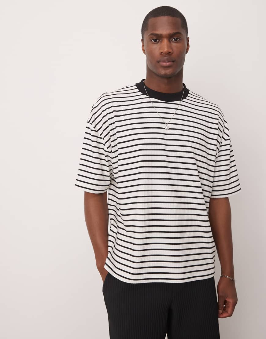ASOS DESIGN boxy oversized T-shirt in black and white ribbed striped-Multi