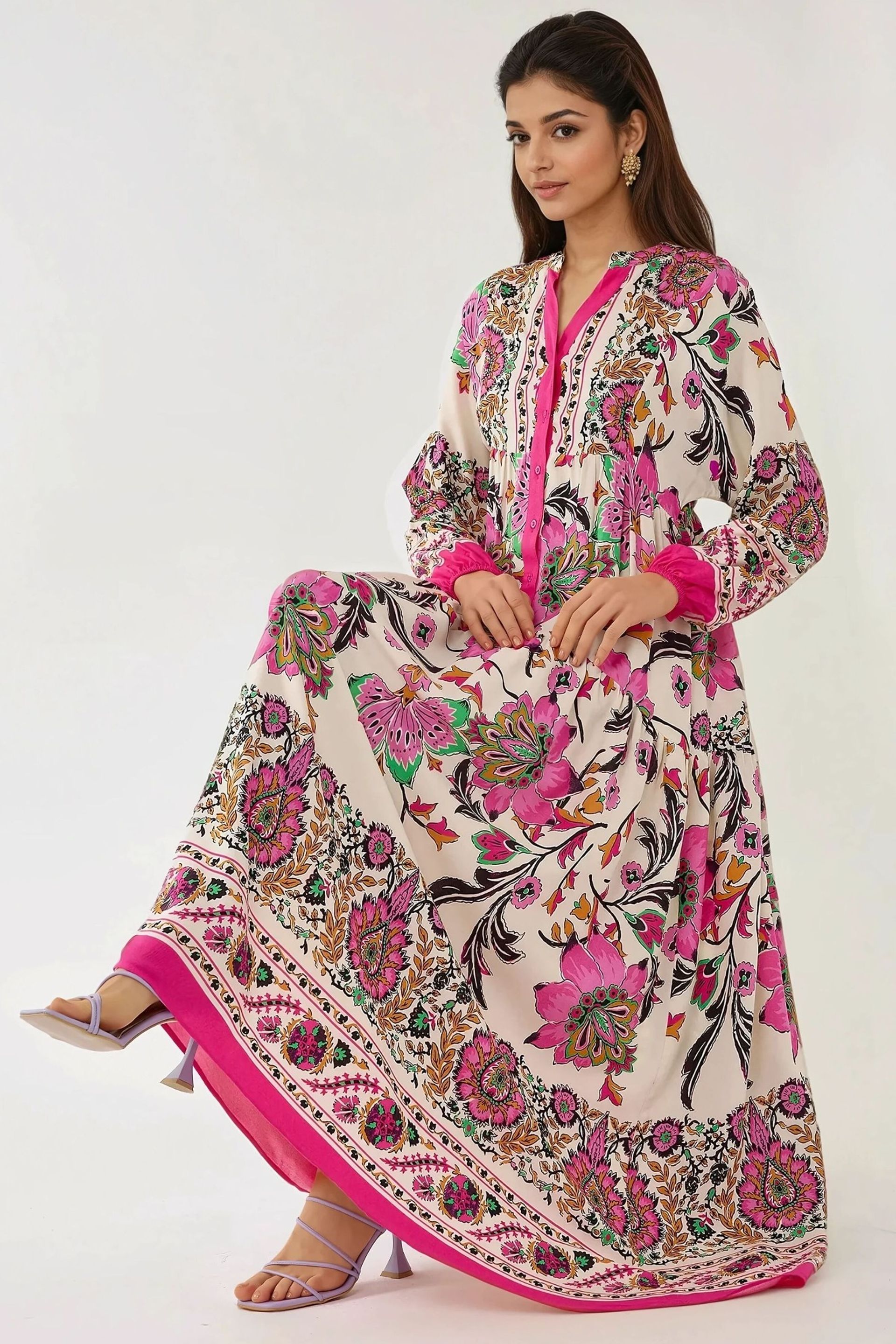 Magenta Pink Printed Long Sleeve Viscose Maxi Dress Women