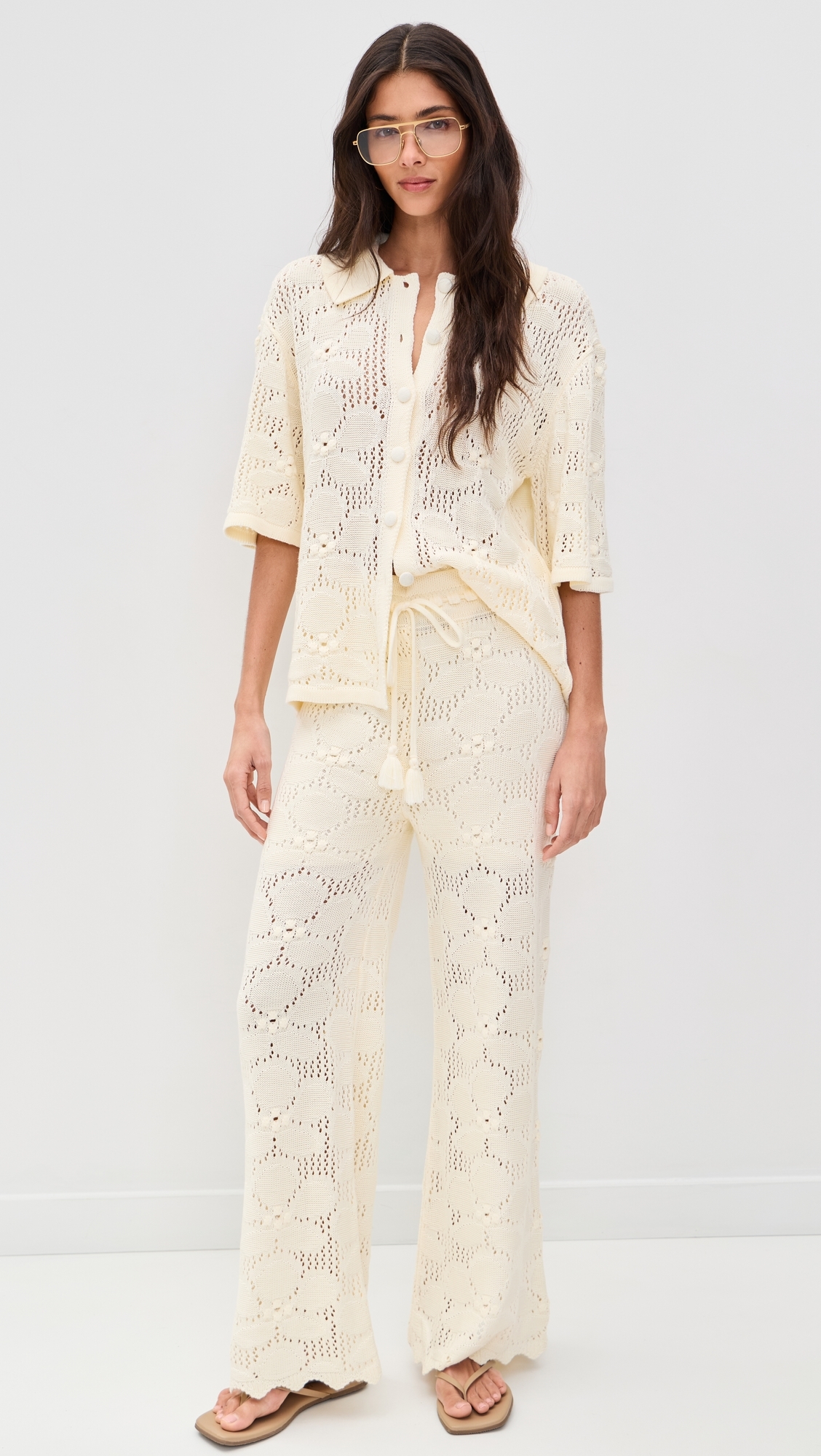 Floral Crochet Short Sleeve Shirt Beige Shell