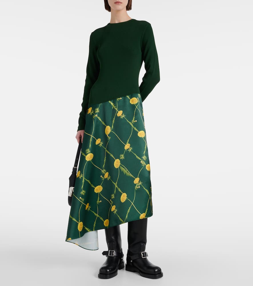 Printed jersey and satin midi dress