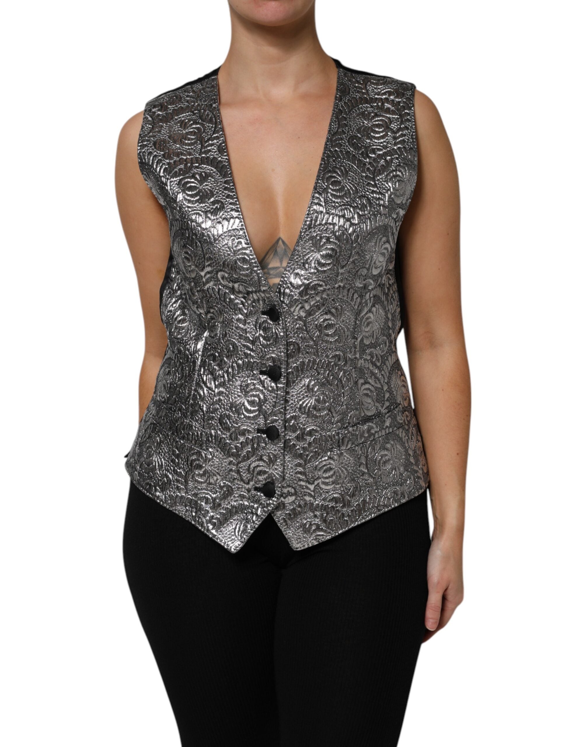 Floral Jacquard Silk Vest — Silver