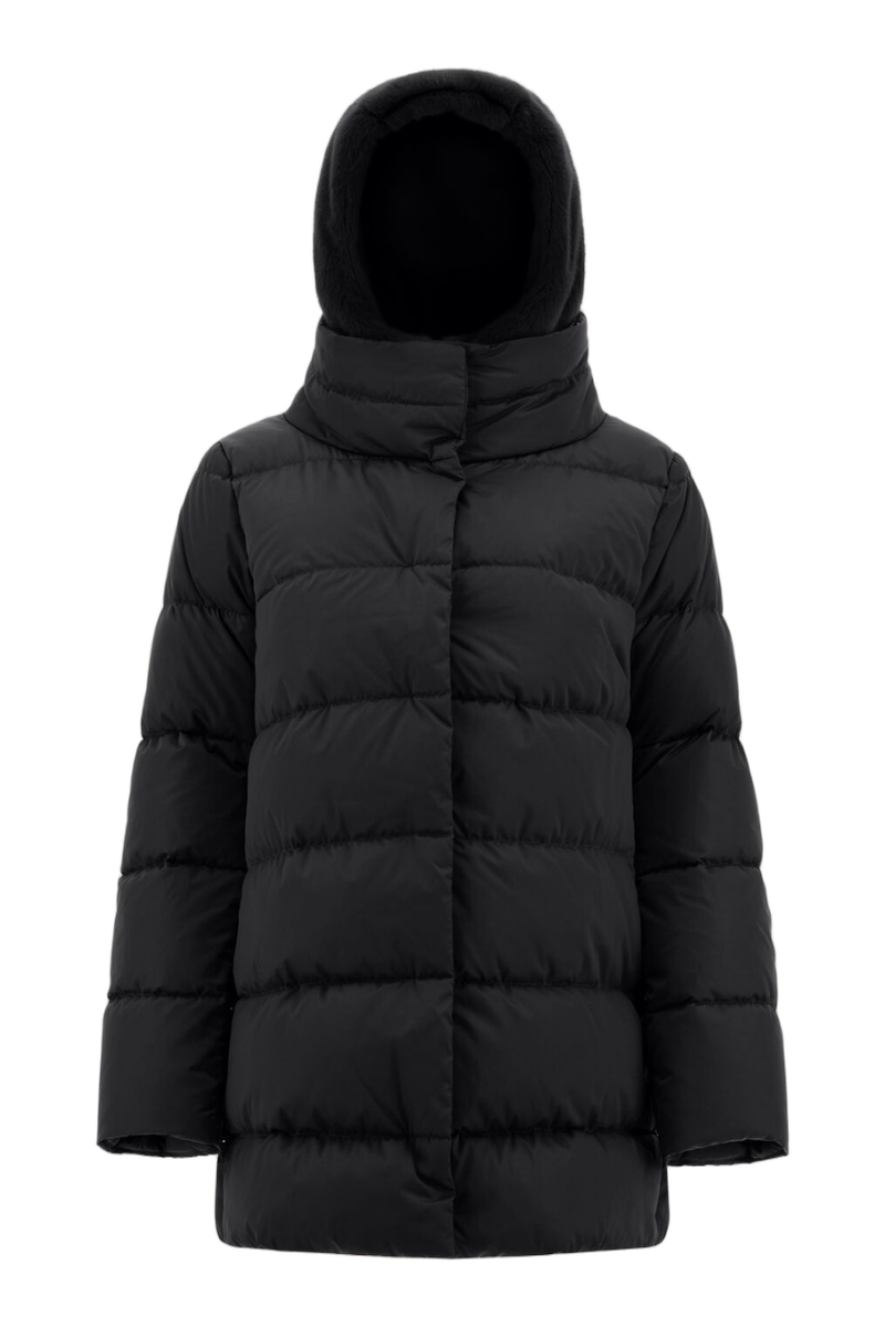Satin with Faux Fur Hood Down Jacket — Black