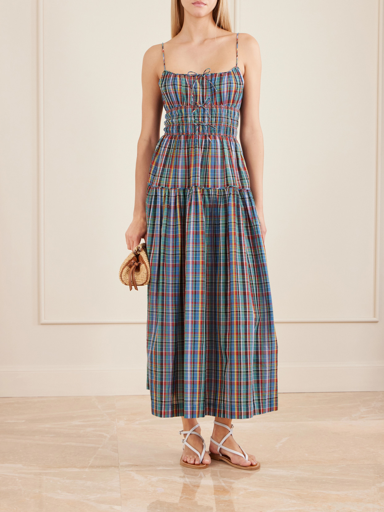Brielle Gathered Checked Organic Cotton Midi Dress - Blue