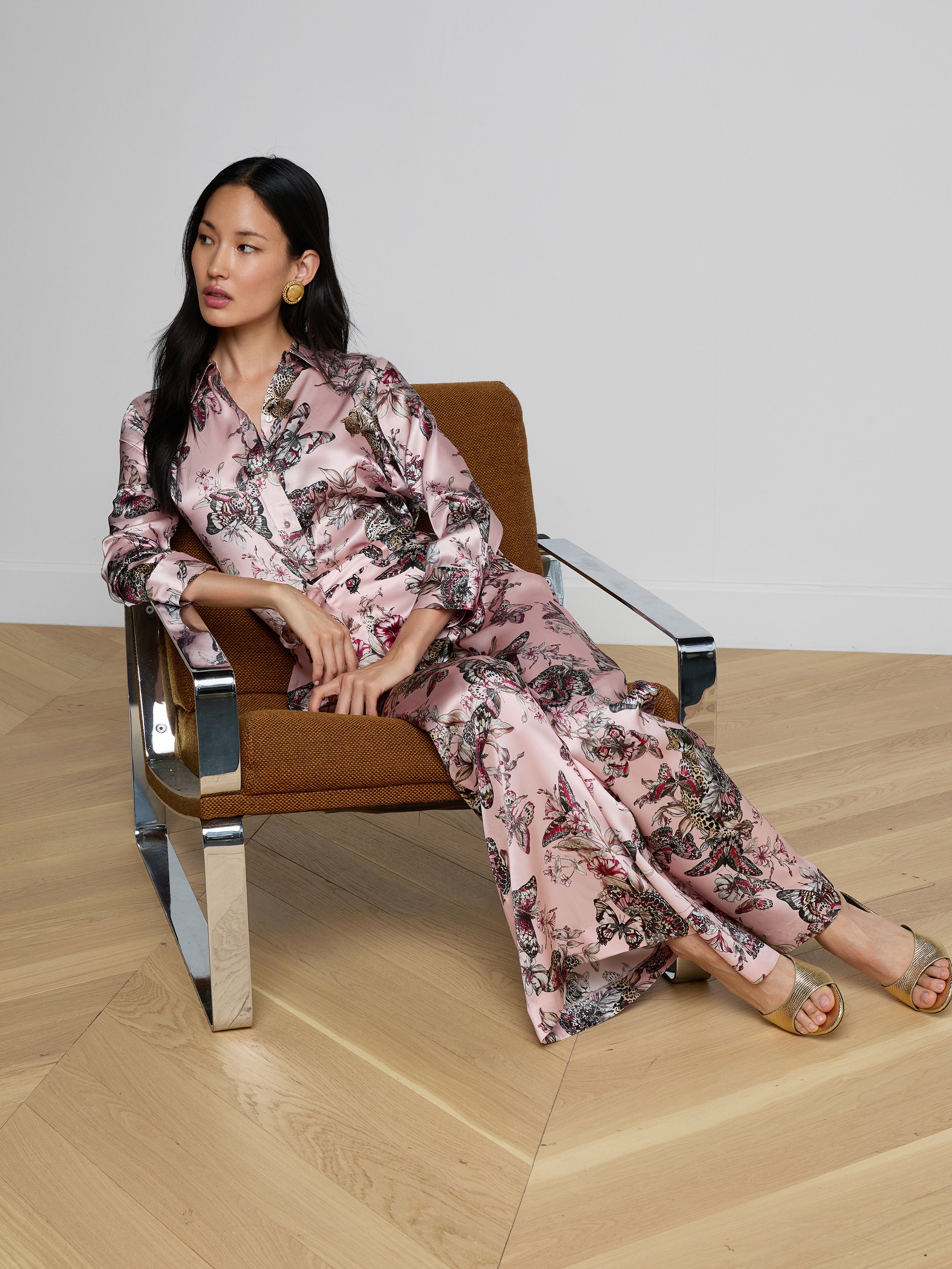 Pilar Silk Wide-Leg Pants In Light Nectar Pink Small Multi Butterfly Jungle