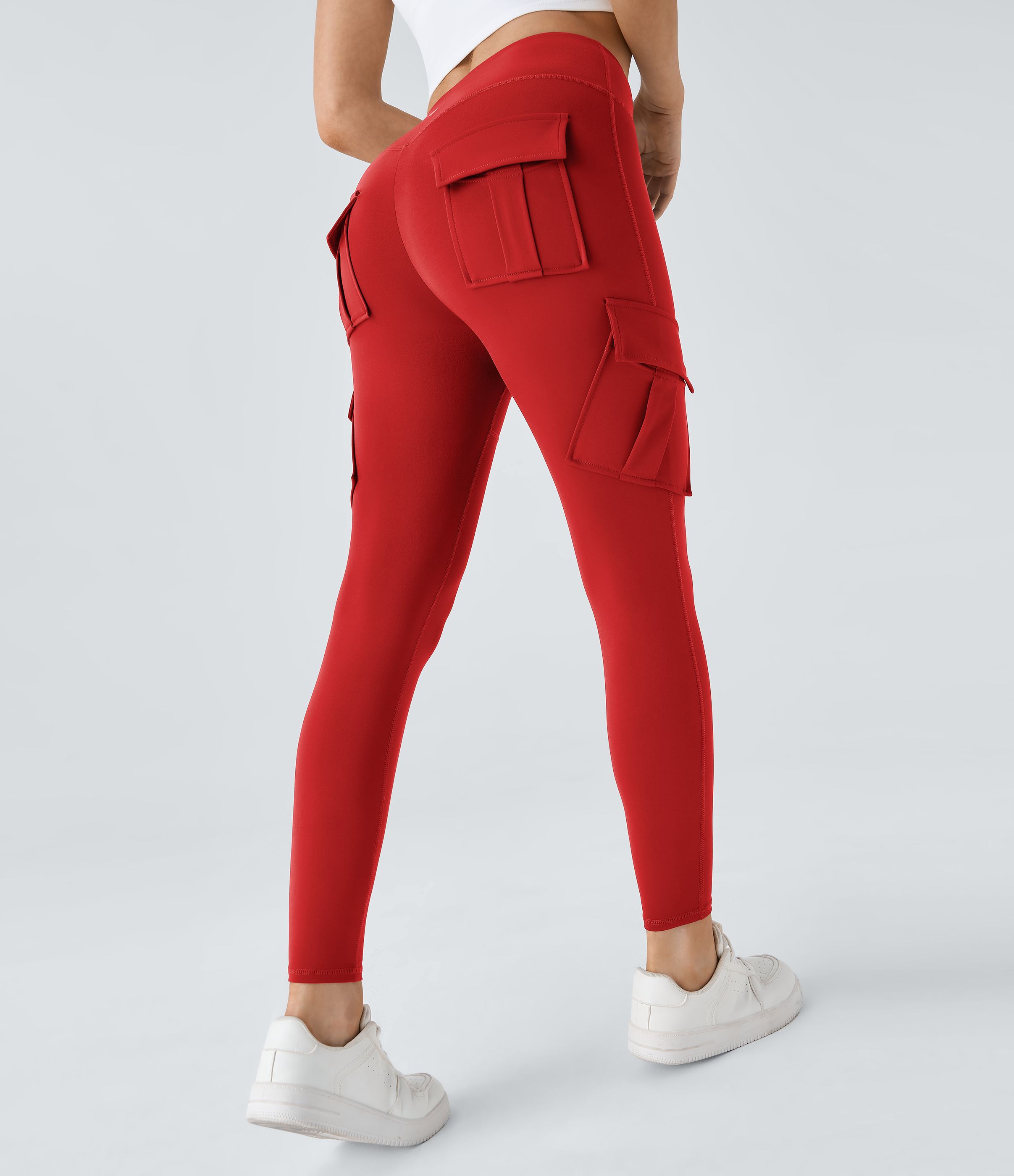High Waisted Cargo Pocket Skinny Yoga Leggings  - Valiant Poppy