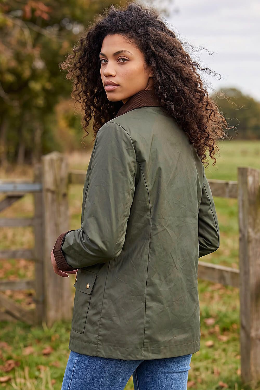 Roman Women's Petite Waxed Pocket Coat in Dark Green