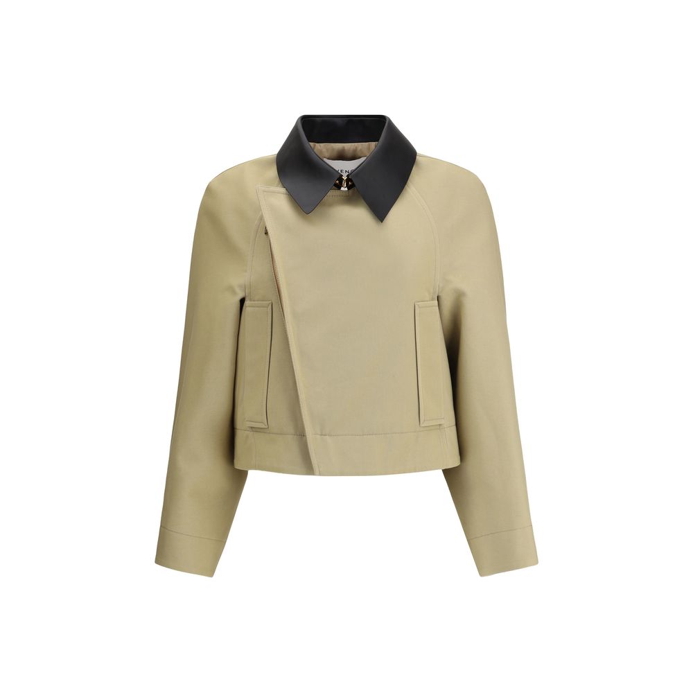 Leather-Collar Cotton and Wool Caban Jacket — Beige
