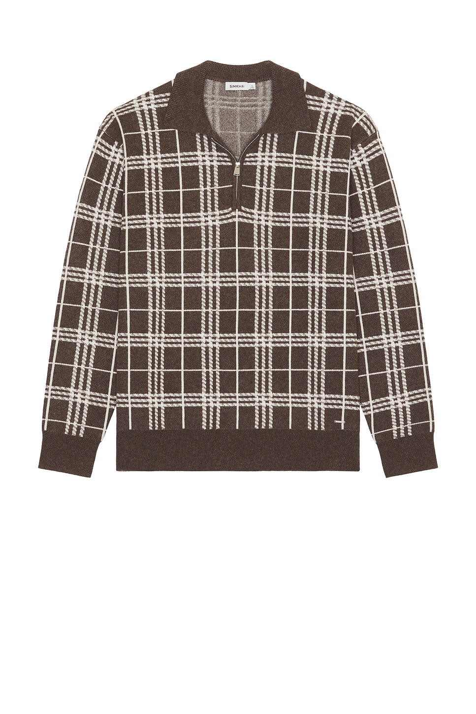 SIMKHAI Klaus Zip Polo Sweater in Chocolate Plaid.  XL/1X also in L