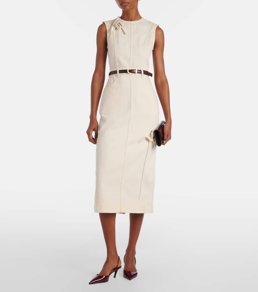 Floral-appliqué denim midi dress