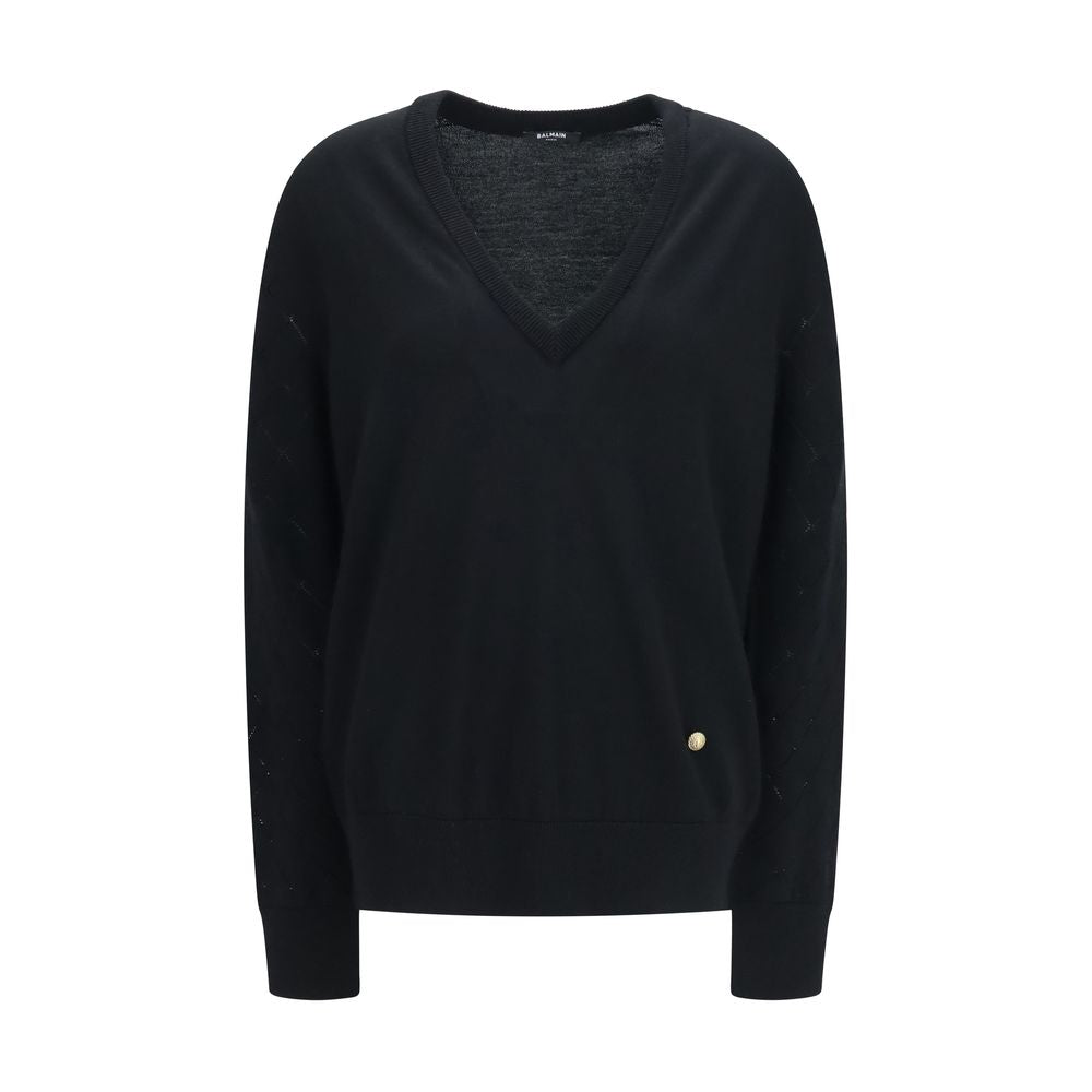 Merino Wool with Diamond-Stitch Details Sweater — Black