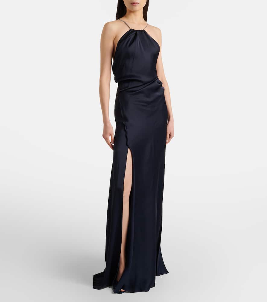 Chain-detail draped crêpe satin gown