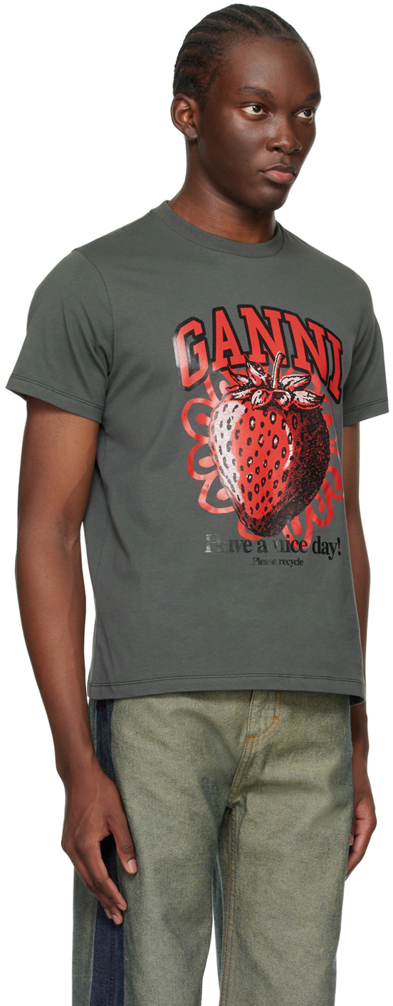 GANNI Gray Relaxed Strawberry T-Shirt