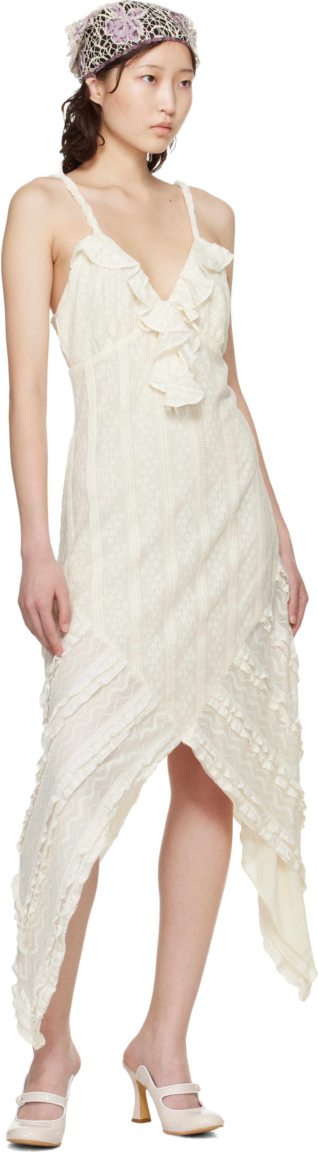 Off-White Floral Ruffle Stretch Lace Handkerchief Midi Dress