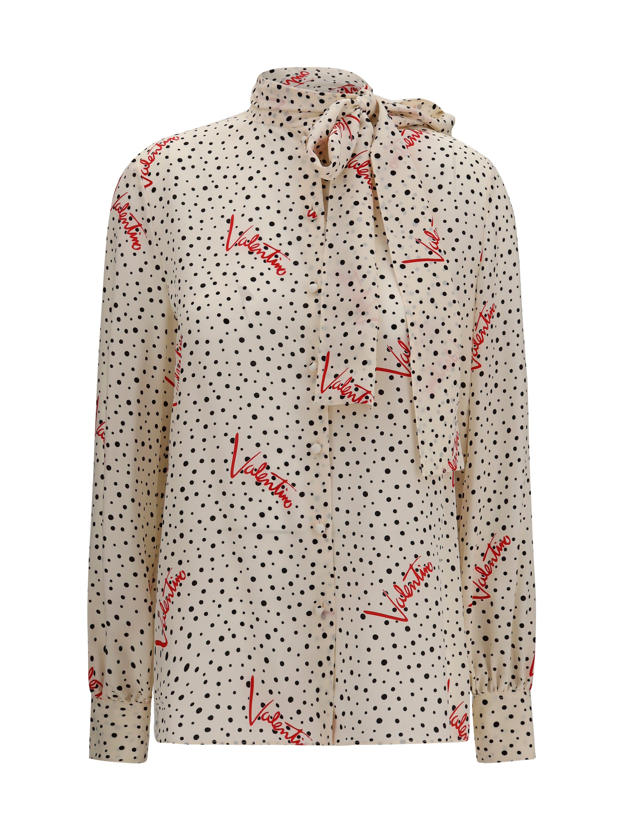 Polka-Dot Bow-Neck Silk Shirt — Beige