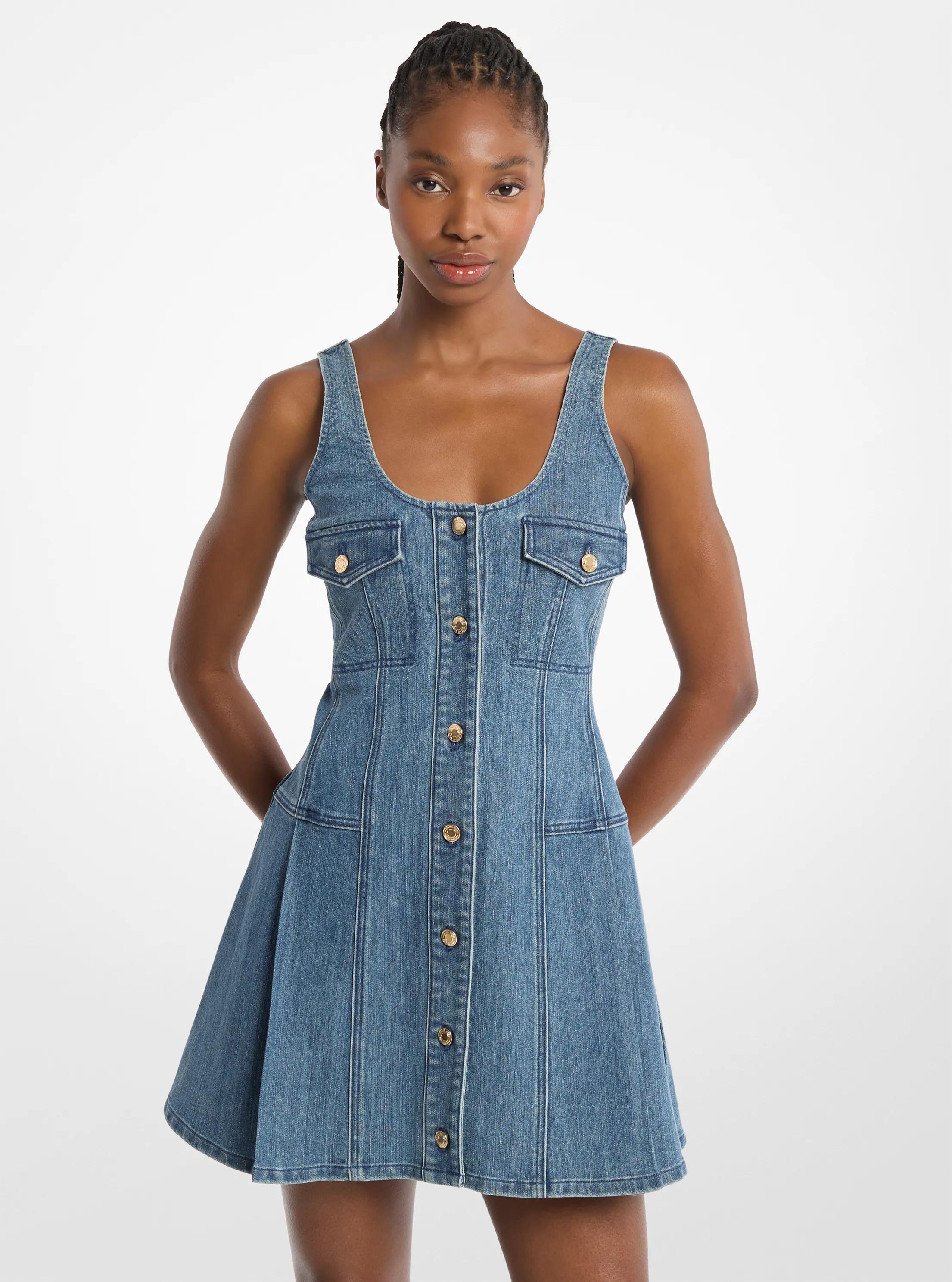 Pleated Denim Mini Dress in Blue - size 2