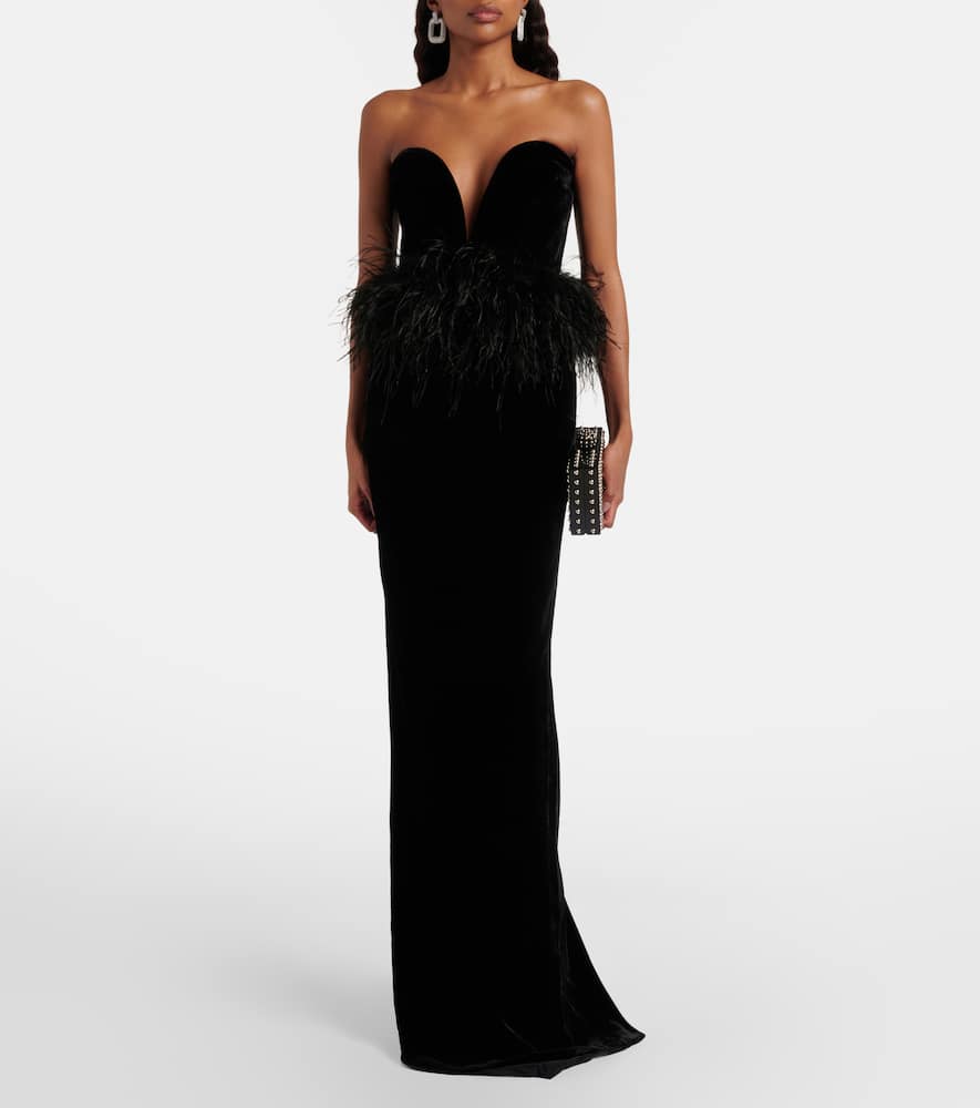 Feather-trimmed strapless velvet gown