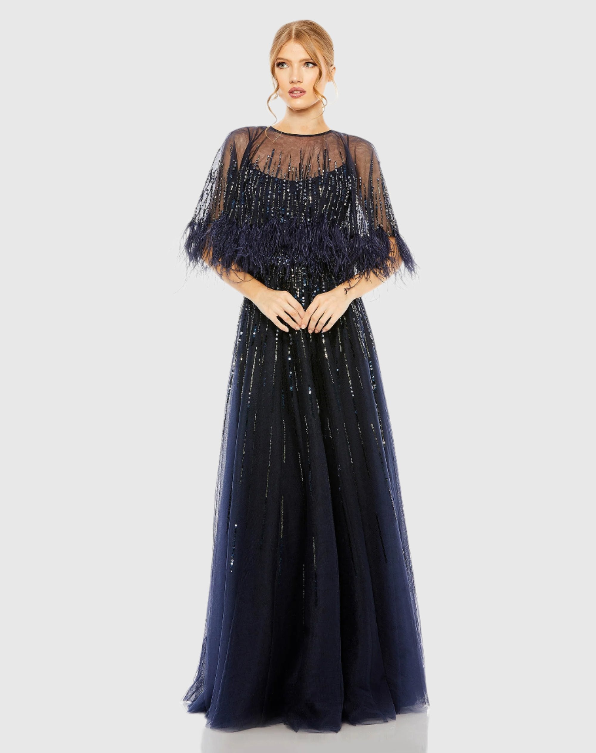 Blue Embellished A Line Wedding Guest Dress with Feather Detail Cape