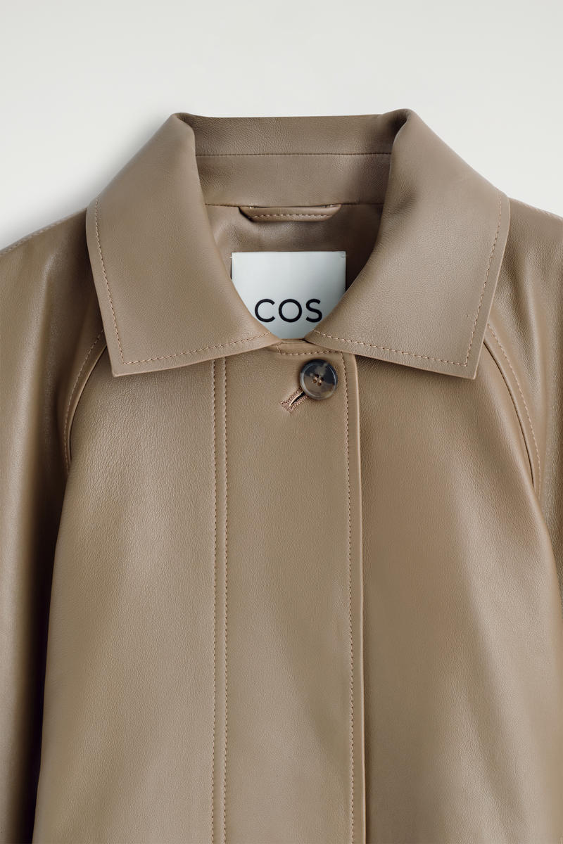 Funnel-Neck Short Leather Trench Jacket