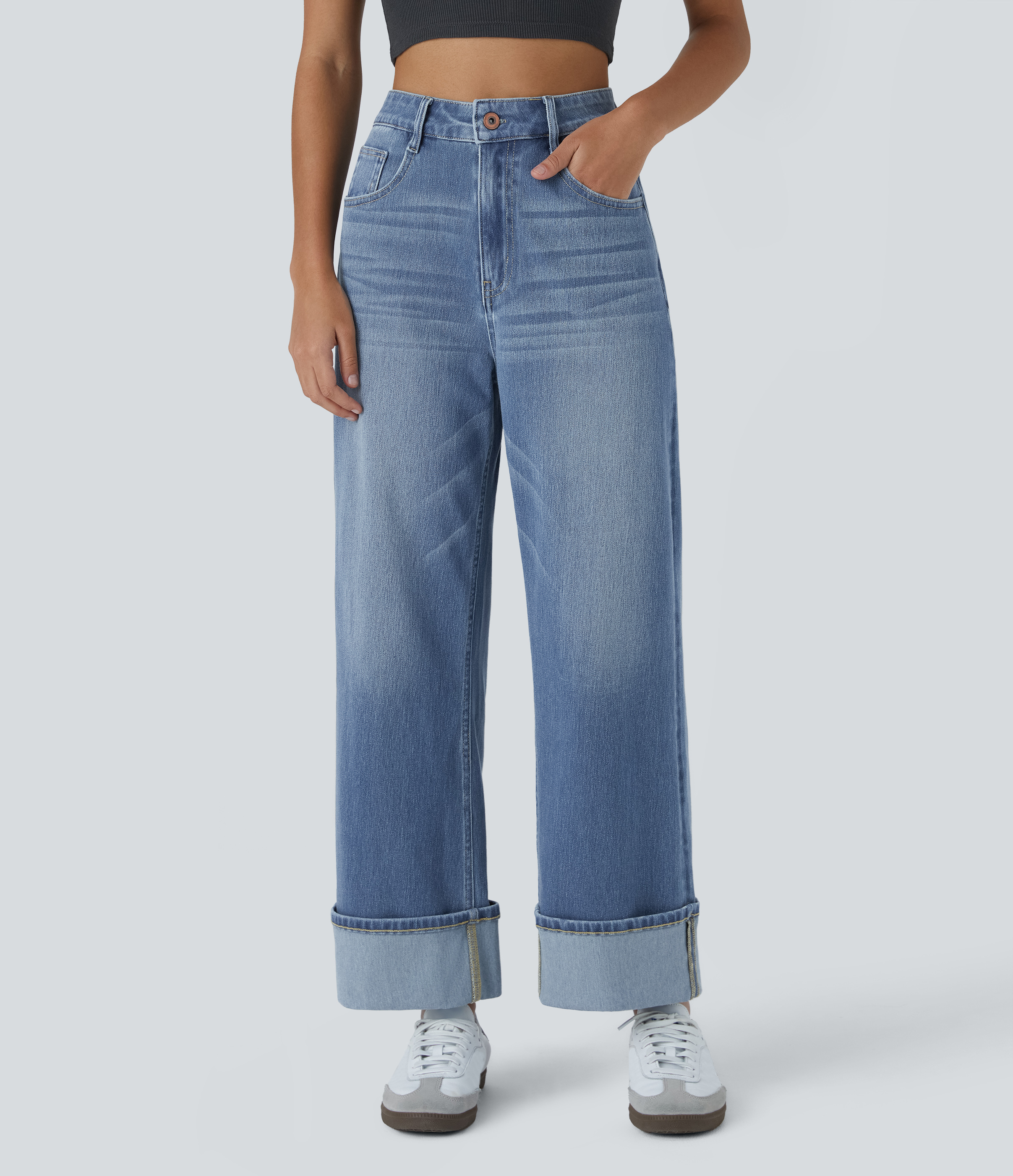 Flex™ High Waisted Pockets Rolled Hem Wide Leg Washed Casual Jeans  - Cedar Blue Denim