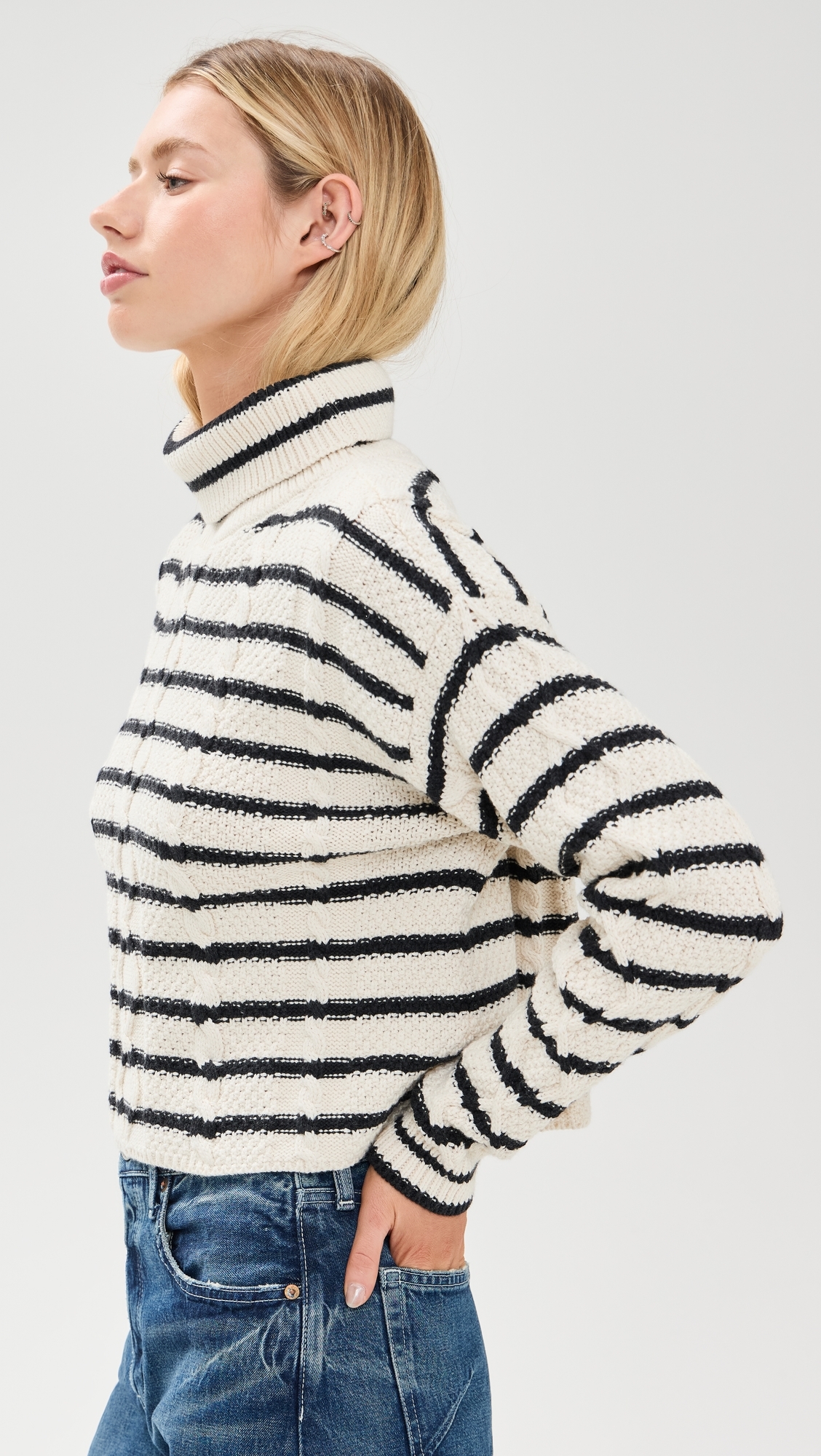 Cable Cropped Crew Sweater Stripe