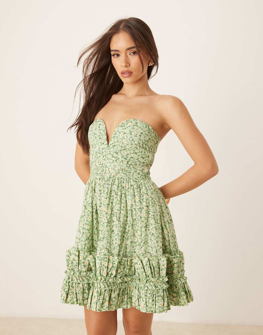 Lace & Beads bandeau cotton ruffle hem mini dress in green daisy