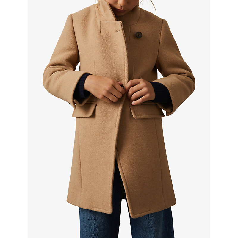 Girls Camel Kids Double-breasted Funnel-neck Wool-blend Coat 