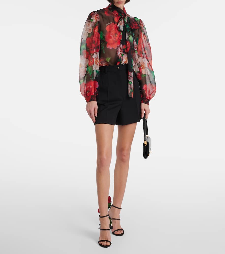 Floral tie-neck silk organza shirt