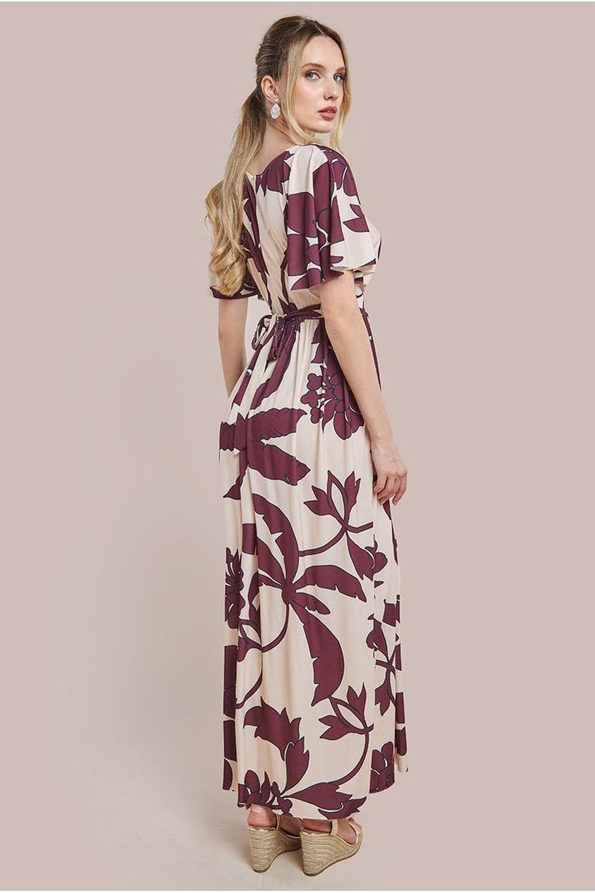 Goddiva Leaf Print Flutter Sleeve Maxi Dress - Crea