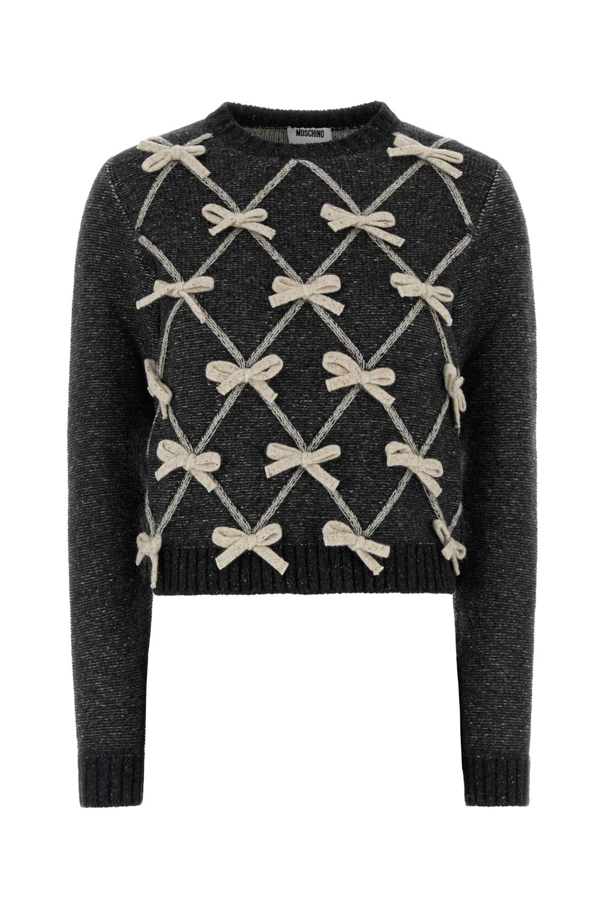 Bow-Embroidered Wool Blend Sweater — Gray