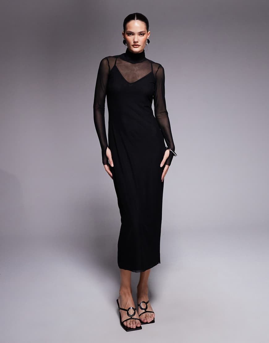 Shailene high neck mesh midi dress in black