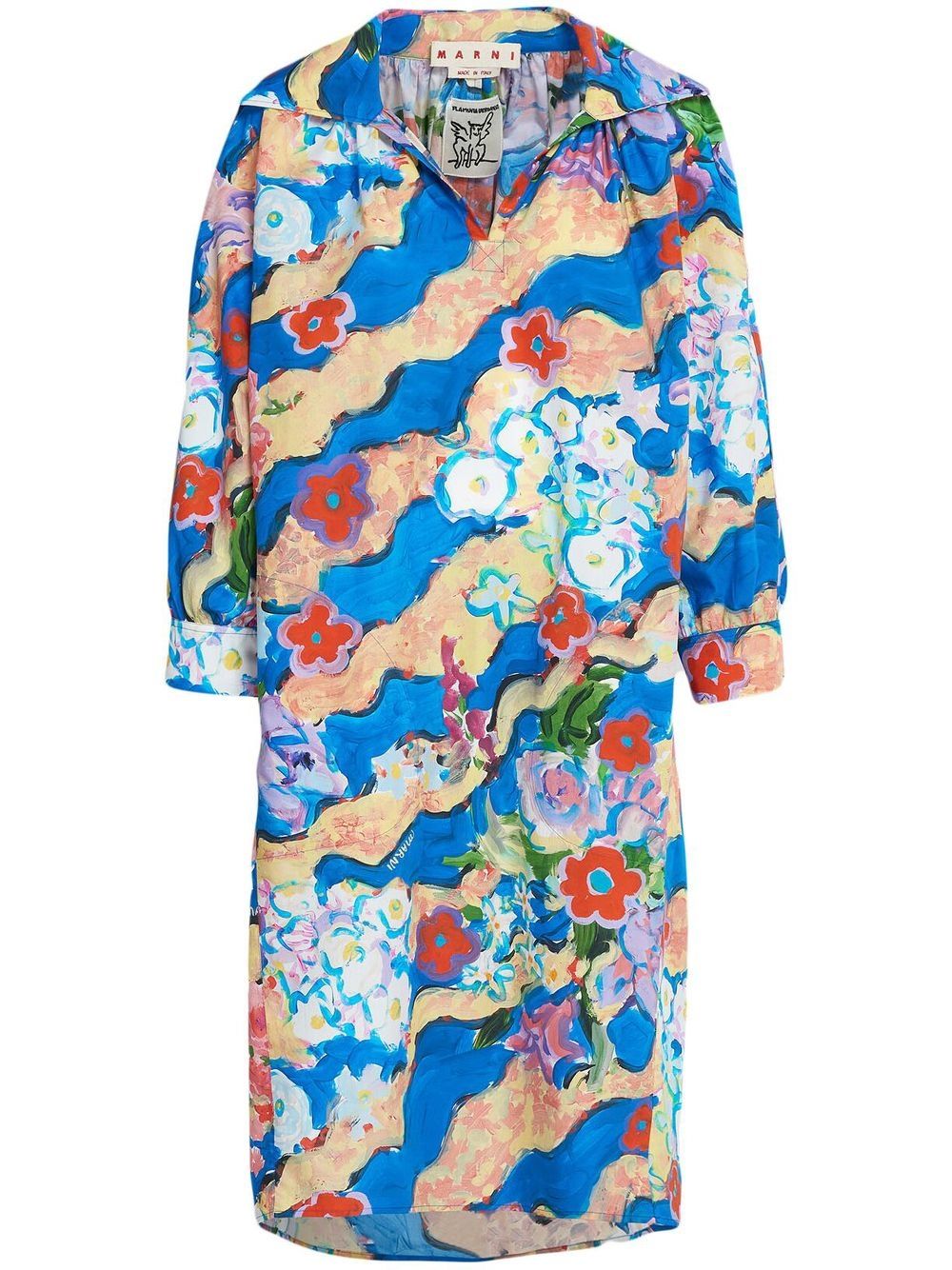Graphic-print cotton shirtdress - Blue