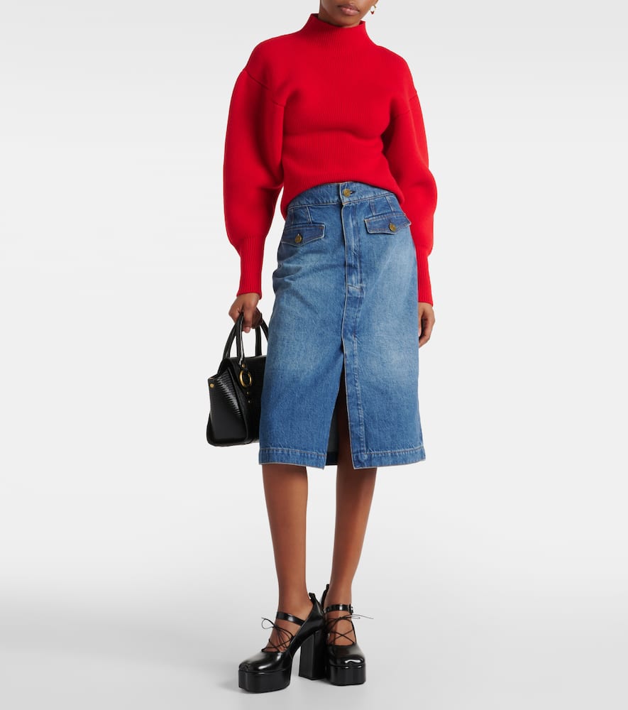 High-rise denim midi skirt