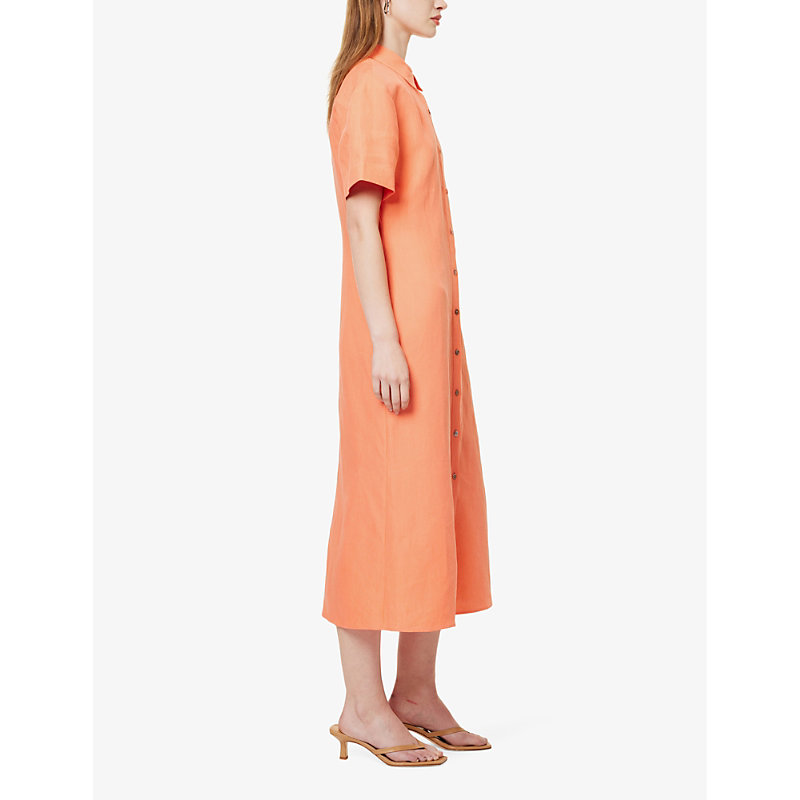 Womens Bright Coral Collar Linen Midi Dress
