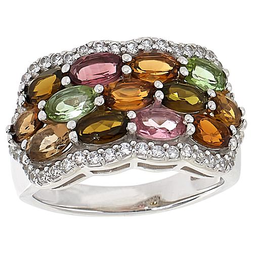 Colleen Lopez 3-Row Gemstone and White Zircon Scalloped Ring - White Ethiopian Opal