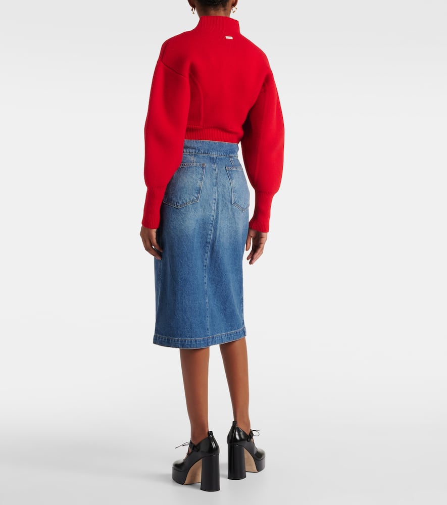 High-rise denim midi skirt