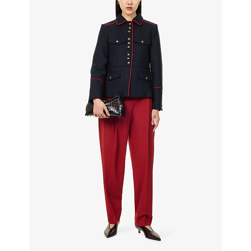 Womens Piped-Trim Wool-Blend Utility Jacket