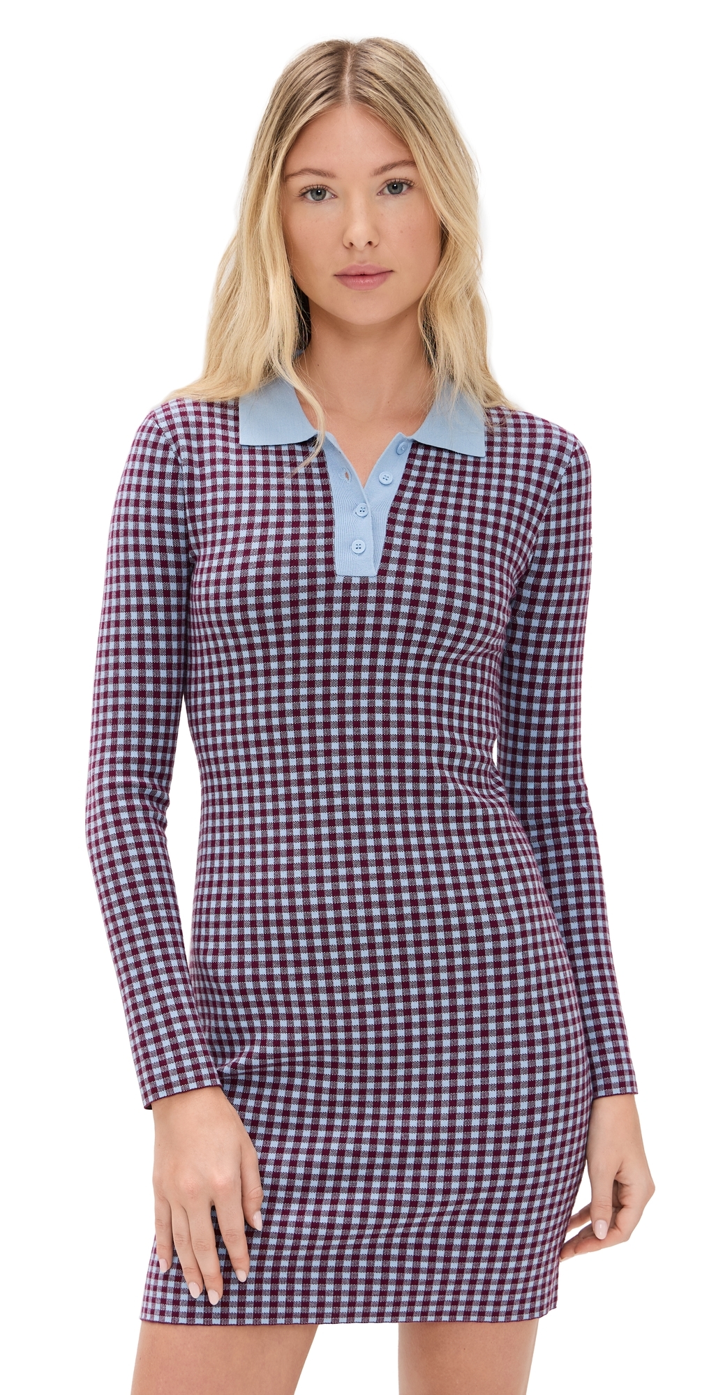 Gingham Knit Polo Dress Burgundy/Light Blue