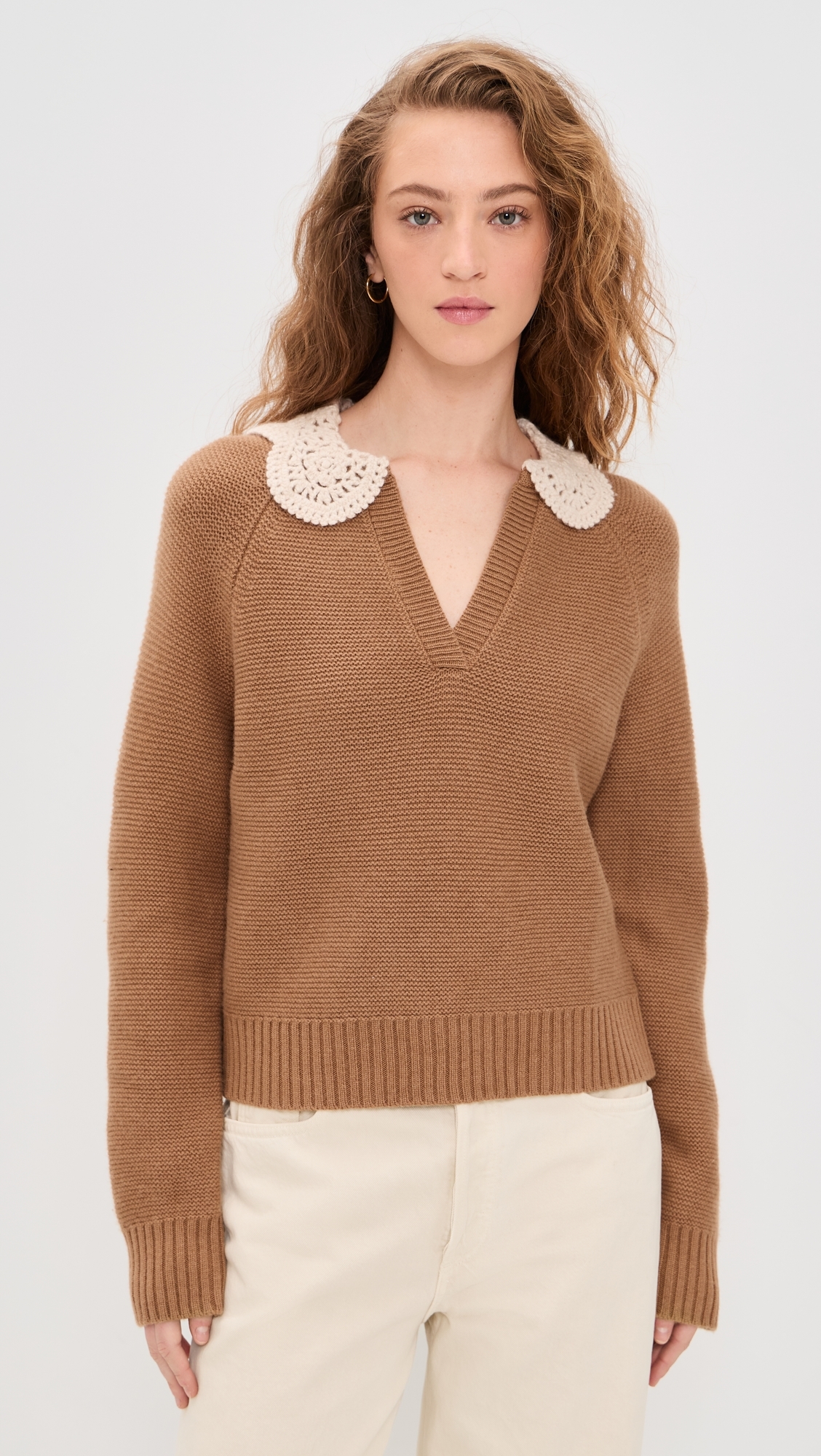 Crochet Collar Sweater Camel